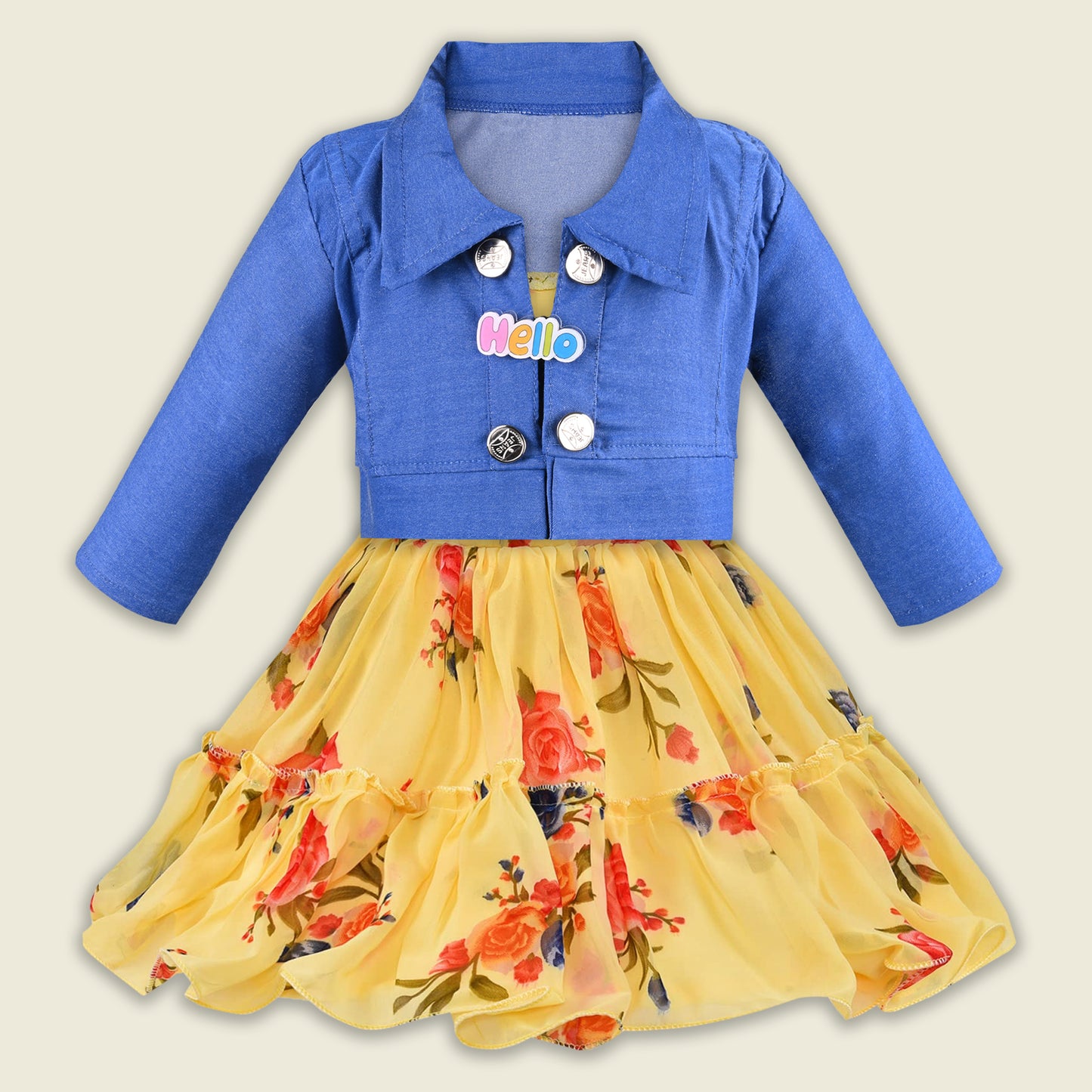 Girls Georgette Floral Dress with Denim Jacket – Full Sleeve Party Wear Frock