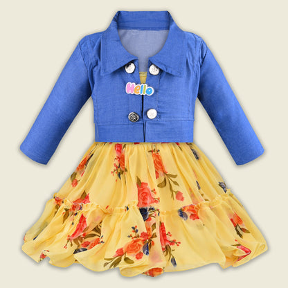 Girls Georgette Floral Dress with Denim Jacket – Full Sleeve Party Wear Frock