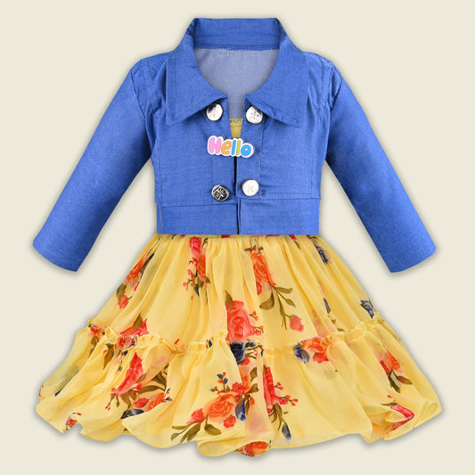 Girls Georgette Floral Dress with Denim Jacket â€“ Full Sleeve Party Wear Frock