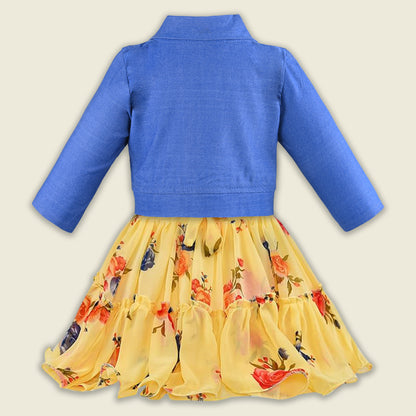 Girls Georgette Floral Dress with Denim Jacket – Full Sleeve Party Wear Frock