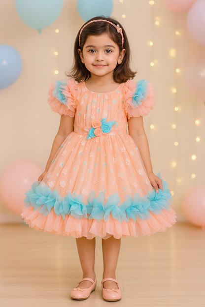 Girls Printed Flared Sleeve Tissue Fabric Frock Dress