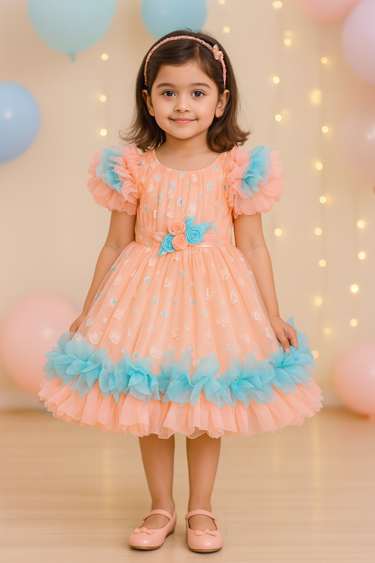 Girls Printed Flared Sleeve Tissue Fabric Frock Dress