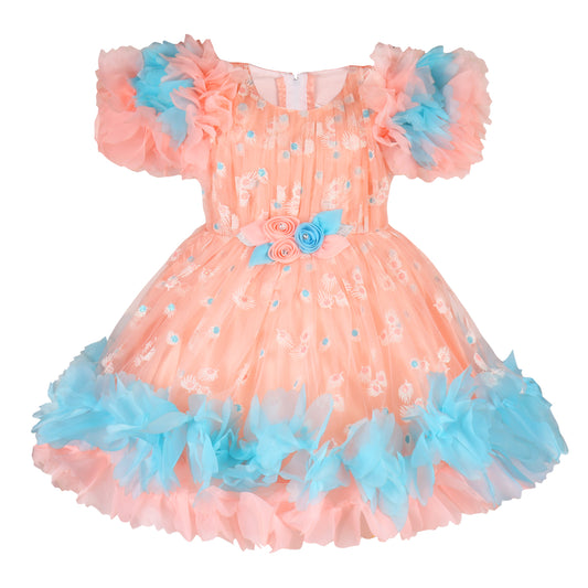 Girls Printed Flared Sleeve Tissue Fabric Frock Dress