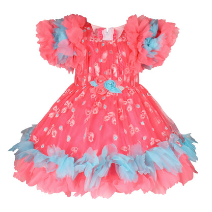 Girls Printed Flared Sleeve Tissue Fabric Frock Dress