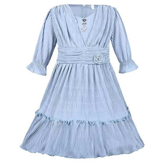 Girls Solid Bell Sleeve Fit and Flare Frock Dress
