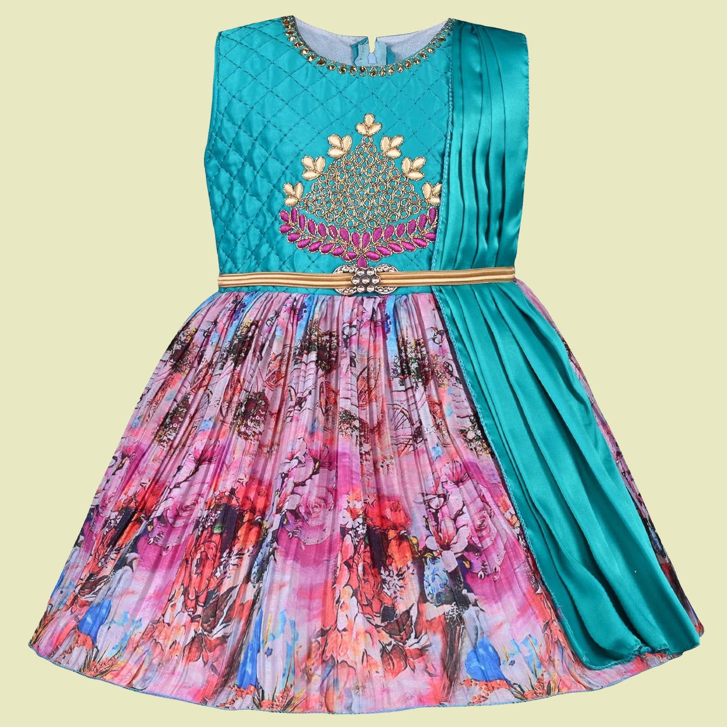 Girls Knee Length Satin Floral Print Dress