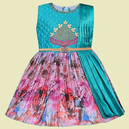 Girls Knee Length Satin Floral Print Dress