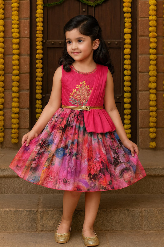 Girls Knee Length Satin Floral Print Dress