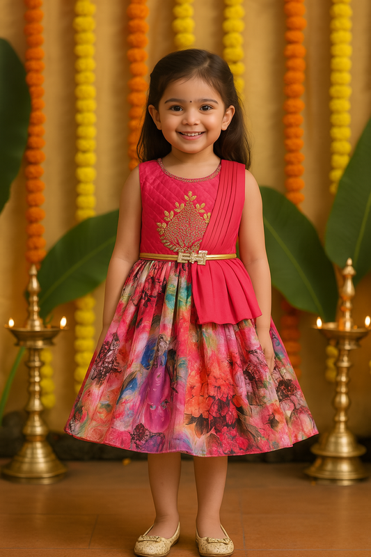 Girls Knee Length Satin Floral Print Dress