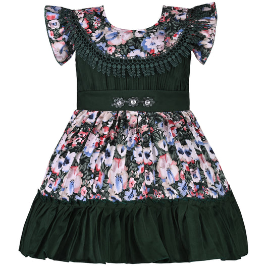 Girls Floral Print Flared Sleeve Fit and Flare Frock Dress
