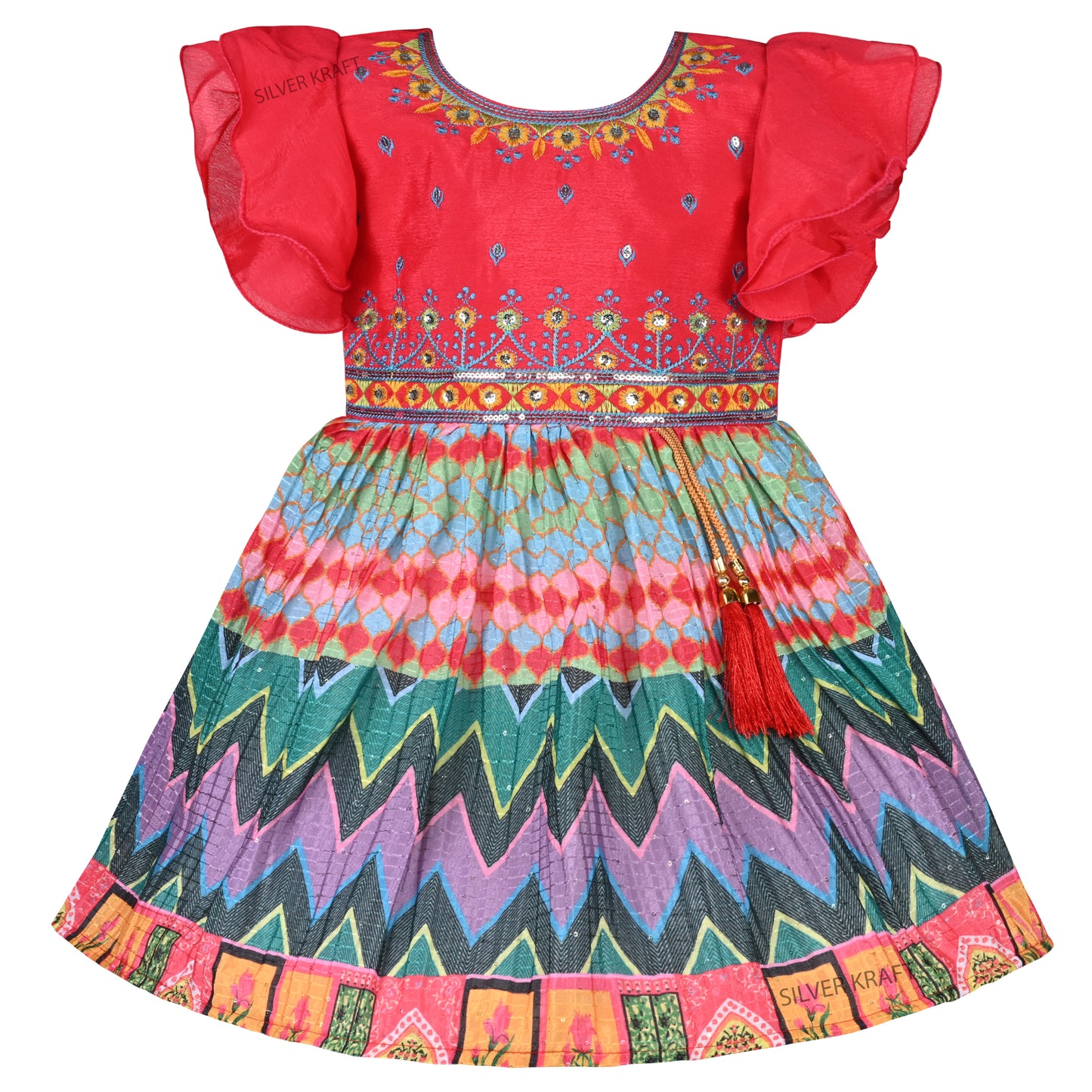 Girls Ethnic Printed and Embroidered Dress