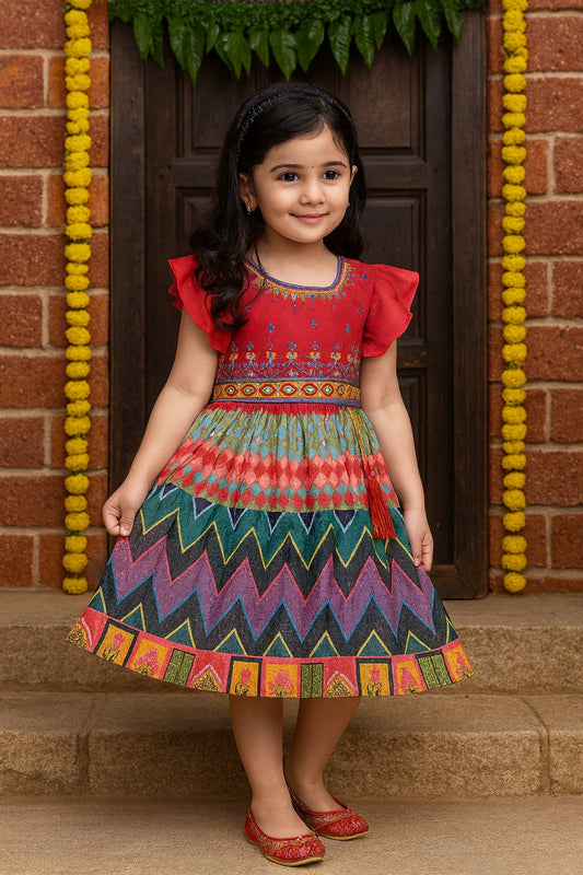 Girls Ethnic Printed and Embroidered Dress