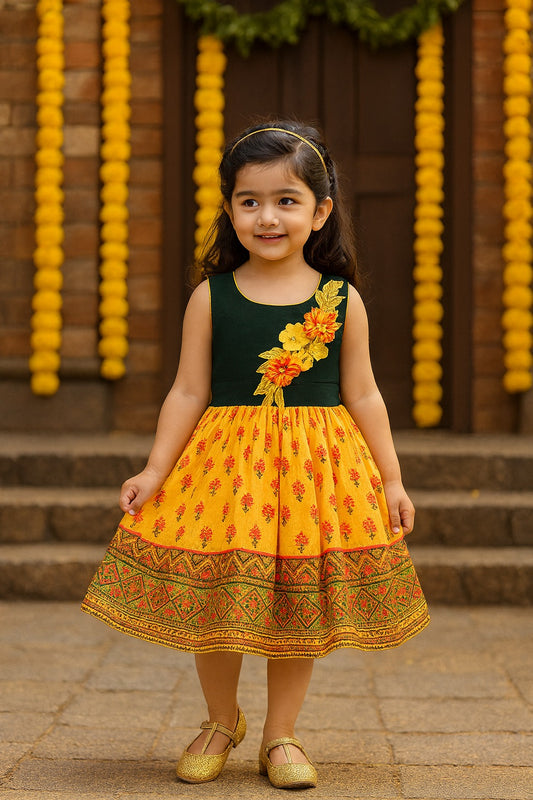 Girls Printed Floral Applique Casual Dress