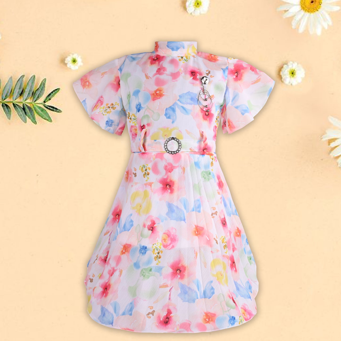 Girls Floral Print Flared Sleeve Fit and Flare Frock Dress