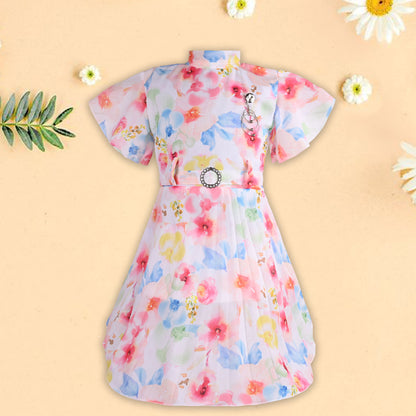 Girls Floral Print Flared Sleeve Fit and Flare Frock Dress