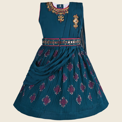 Girls Embellished and Printed Ethnic Dress with Attached Duppata