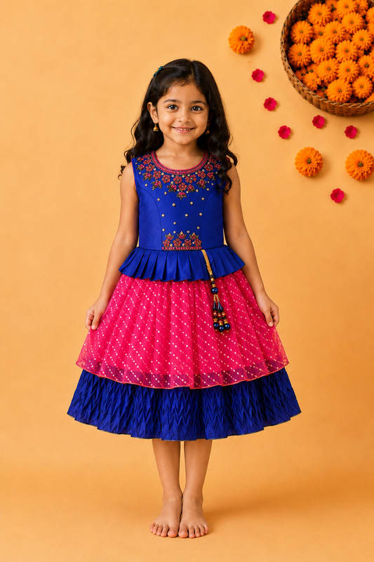 Girls Beaded Embellished Ruffle Waist Layered Ethnic Dress