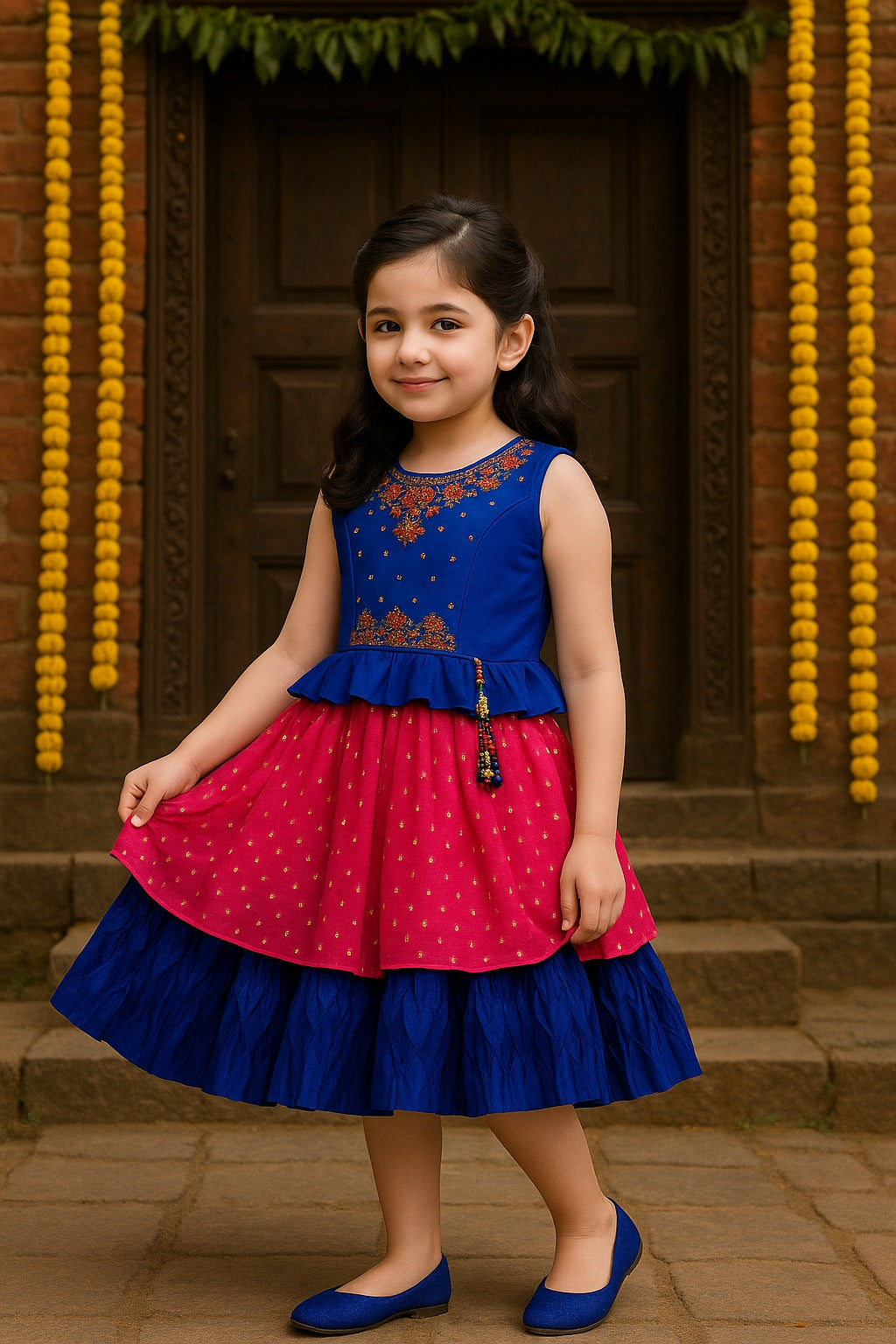 Girls Embroidered Layered Ethnic Dress