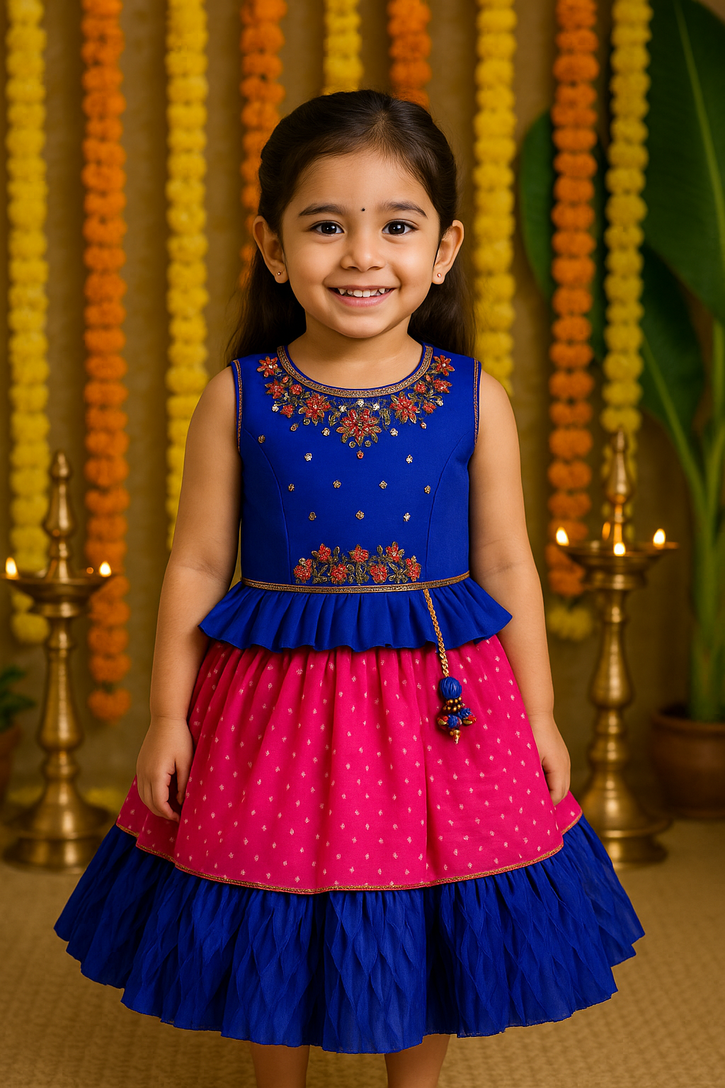 Girls Beaded Embellished Ruffle Waist Layered Ethnic Dress