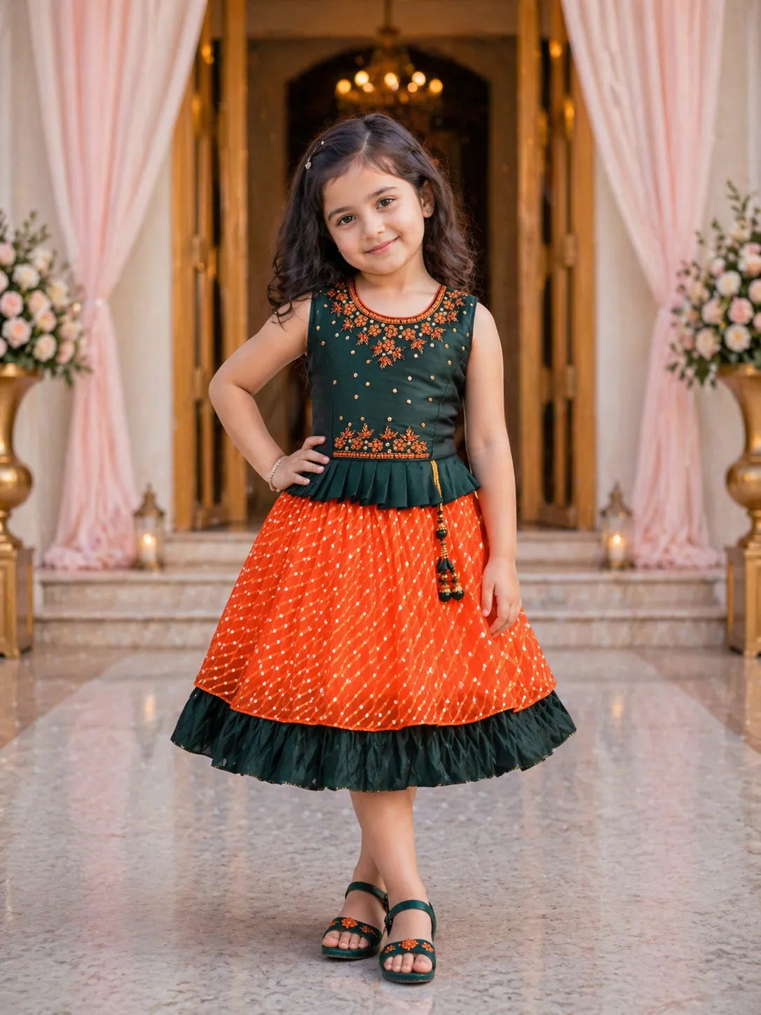 Girls Embroidered Layered Ethnic Dress