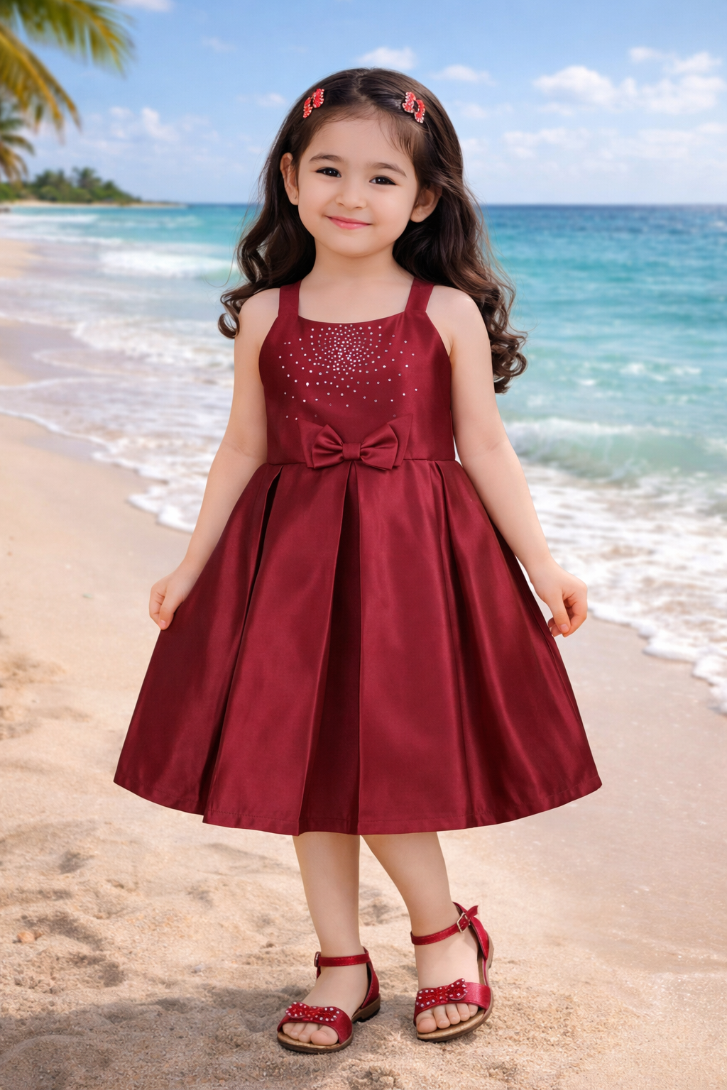 Girls Solid Lycra Party Frock with Bow Detail