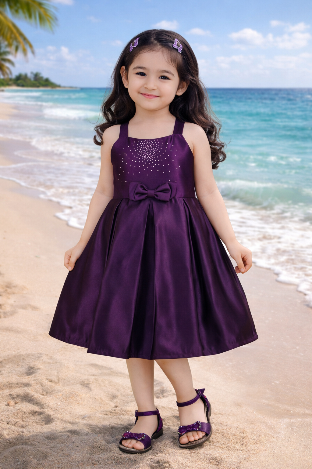 Girls Solid Lycra Party Frock with Bow Detail