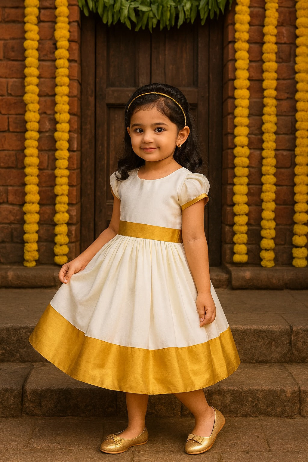 Baby Girls Golden Zari Kasavu Pleated Onam Frock Dress fe3304wht