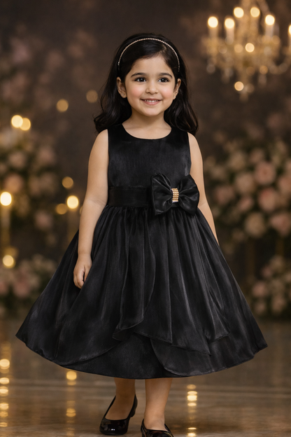 Girls Solid Pleated Satin Fit and Flare Frock Dress