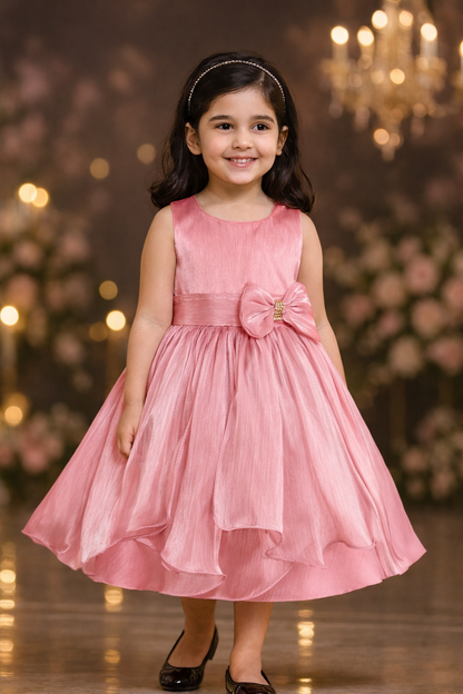 Girls Solid Pleated Satin Fit and Flare Frock Dress