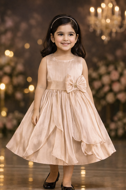 Girls Solid Pleated Satin Fit and Flare Frock Dress