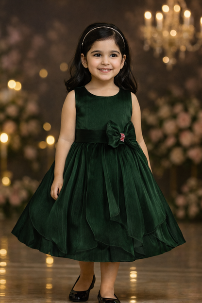 Girls Solid Pleated Satin Fit and Flare Frock Dress