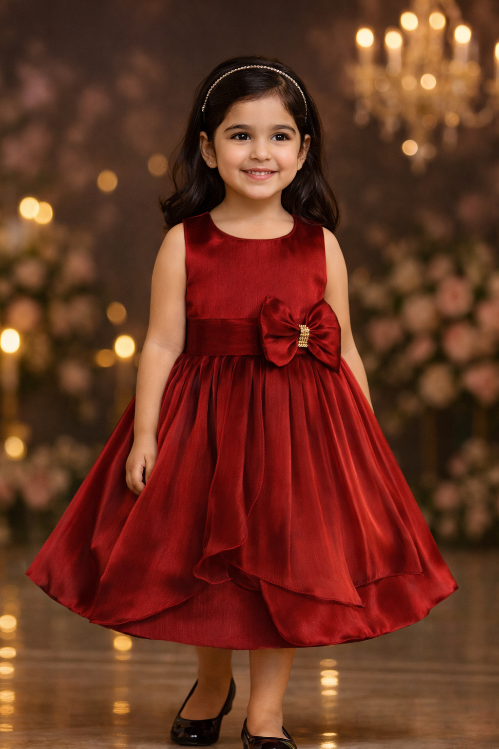 Girls Solid Pleated Satin Fit and Flare Frock Dress