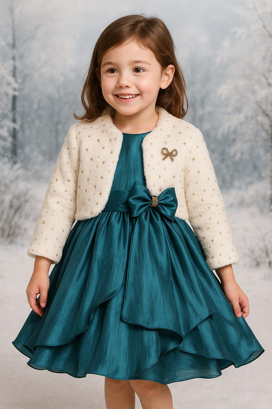 Girls Satin Party Frock with Bow & Cream Fur Jacket– Full Sleeves, Winter Special