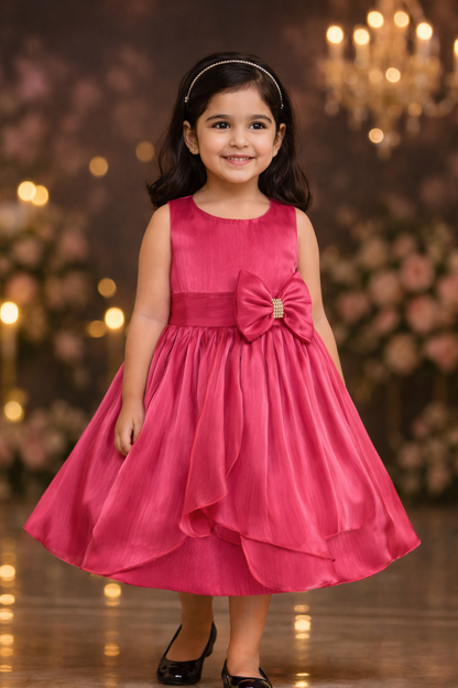 Girls Solid Pleated Satin Fit and Flare Frock Dress