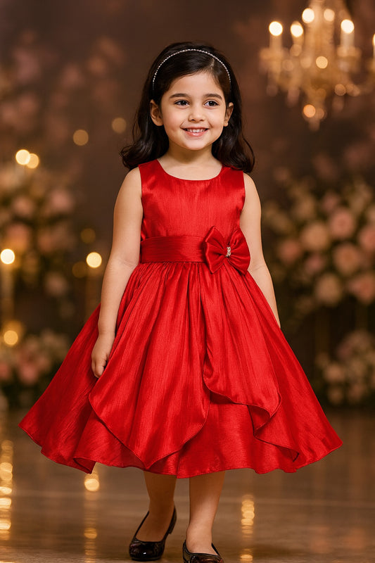 Girls Solid Pleated Satin Fit and Flare Frock Dress