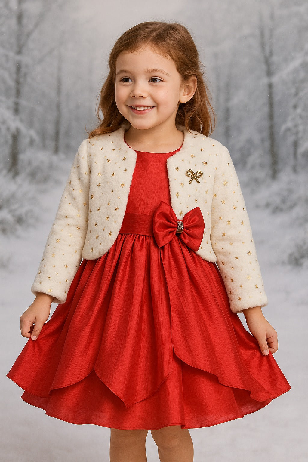 Girls Satin Party Frock with Bow & Cream Fur Jacket– Full Sleeves, Winter Special