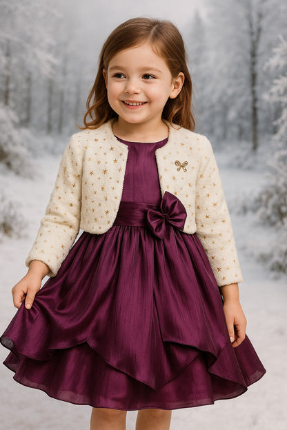 Girls Satin Party Frock with Bow & Cream Fur Jacket– Full Sleeves, Winter Special
