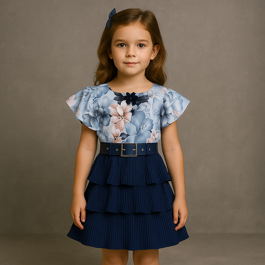 Girls Floral Print Layered Casual Dress with Belt