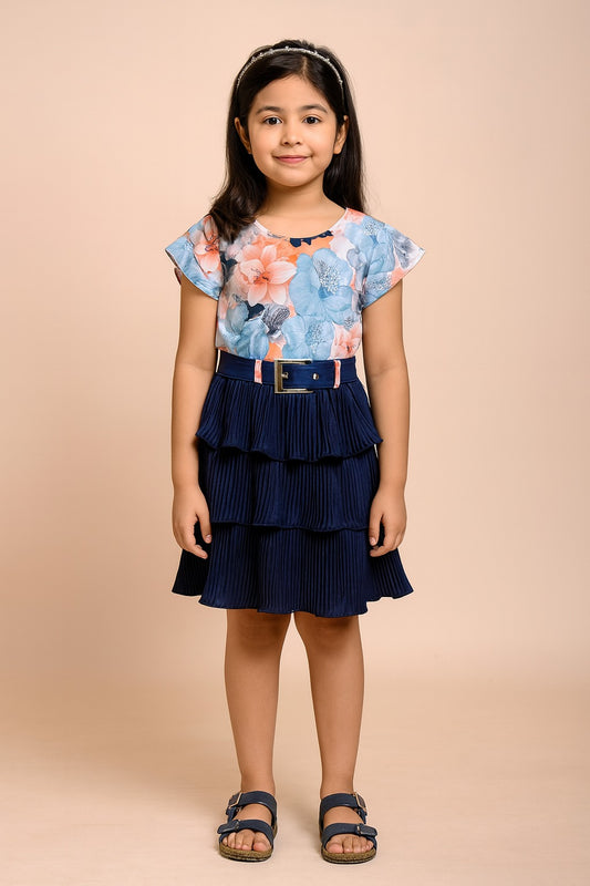 Girls Floral Print Layered Casual Dress with Belt