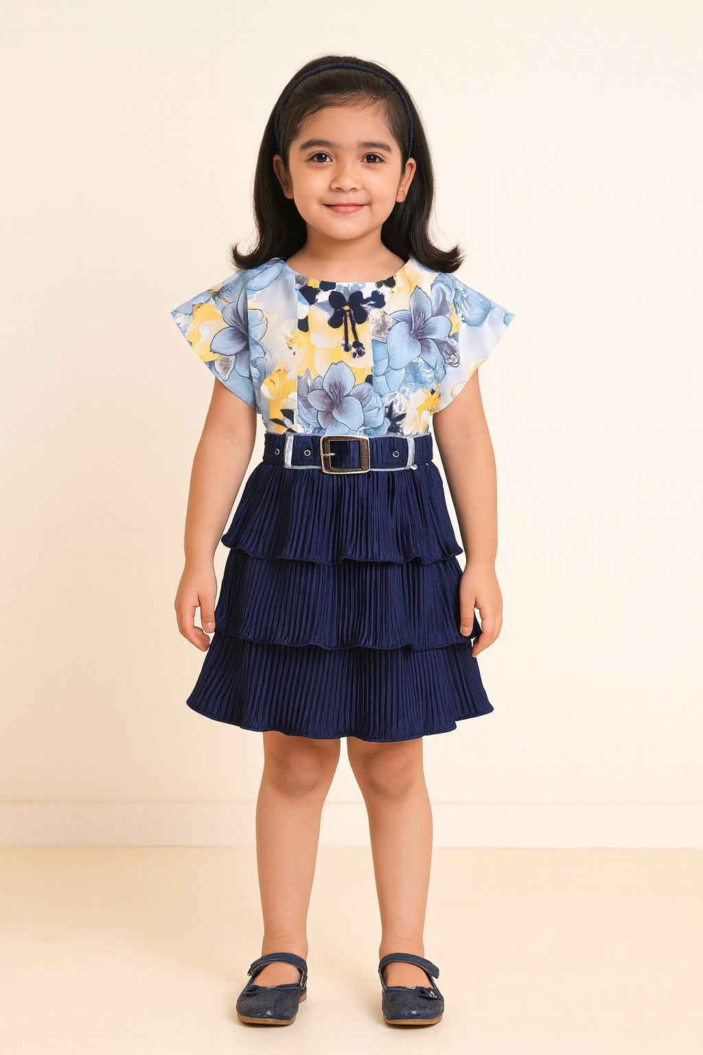 Girls Floral Print Layered Casual Dress with Belt