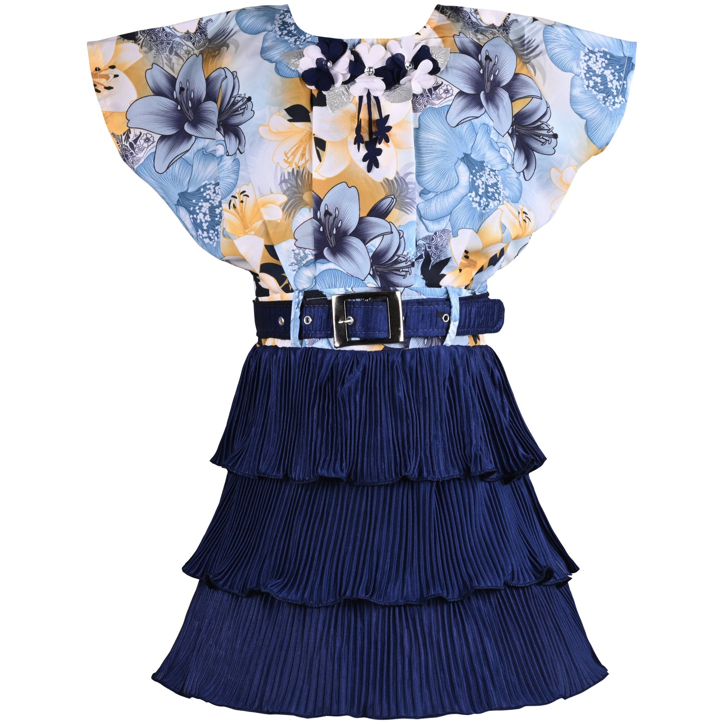 Girls Floral Print Layered Casual Dress with Belt