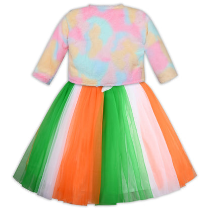 Girls Tri-Color Pleated Dress With Jacket