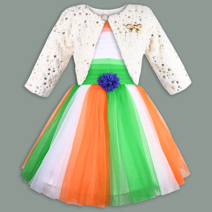Girls Tri-Color Pleated Dress With Jacket