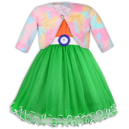 Girls Tri-Color Flared Net Dress With Jacket