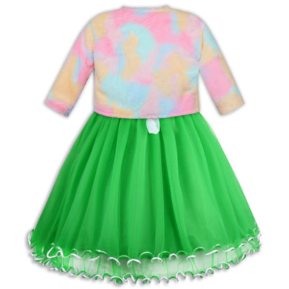 Girls Tri-Color Flared Net Dress With Jacket