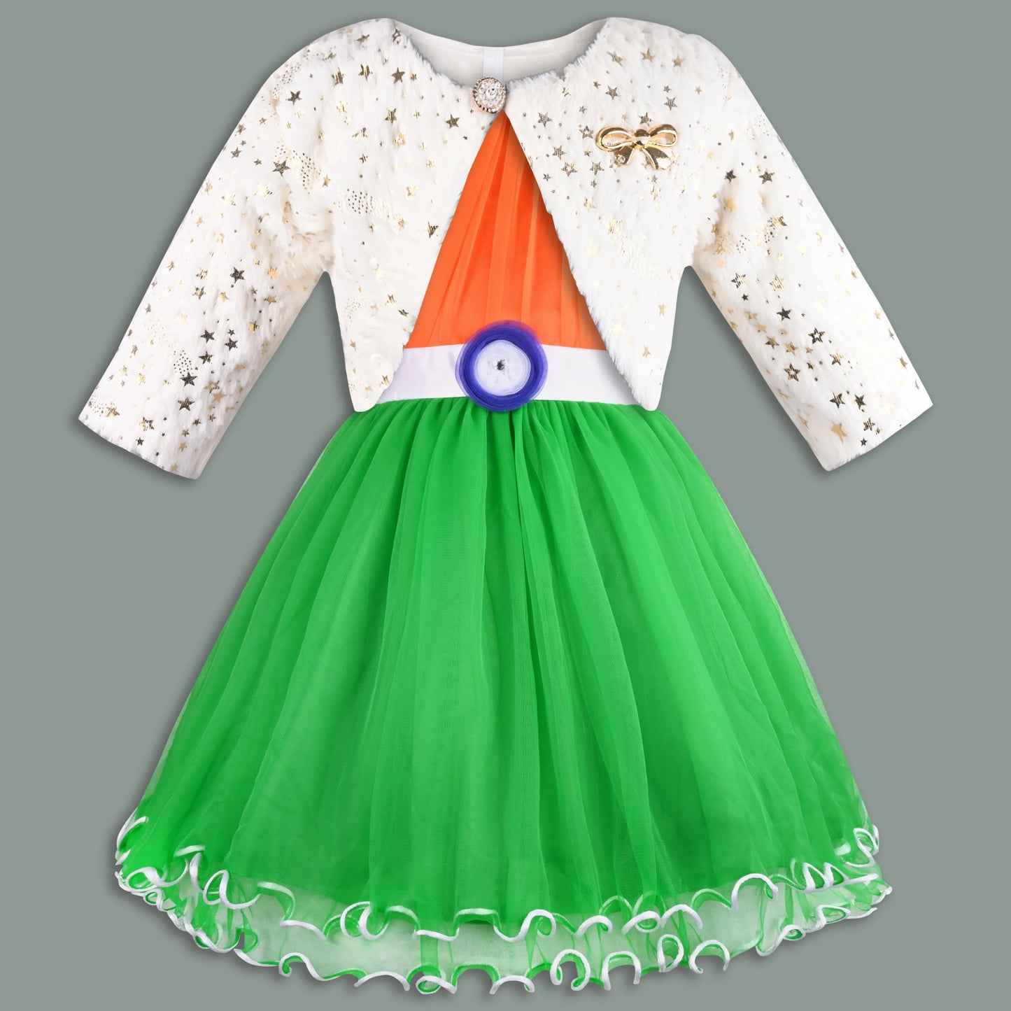 Girls Tri-Color Flared Net Dress With Jacket