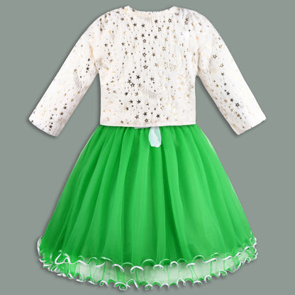 Girls Tri-Color Flared Net Dress With Jacket
