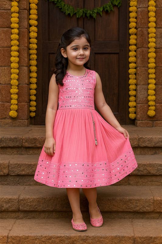 Girls Mirror Work Flared Ethnic Dress