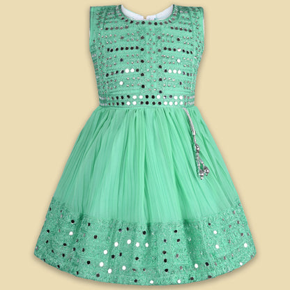 Girls Mirror Work Flared Ethnic Dress