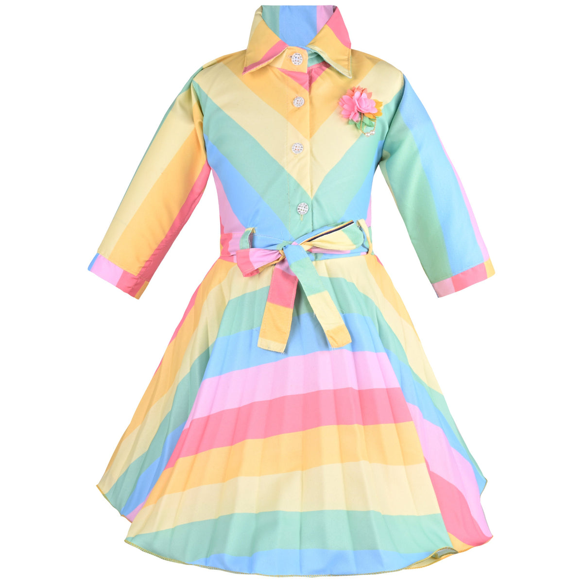 Girls Printed Collared Casual Dress with Waist Tie Up